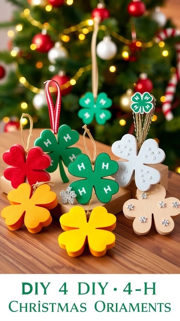 Colorful DIY 4-H Christmas ornaments on a table with a Christmas tree in the background.